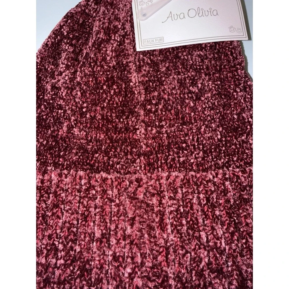 Ava Olivia Girls Chenille Beanie Hat Faux Fur Pom Pom Burgundy Gloves Cold NWT